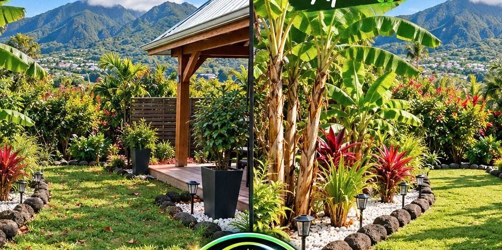Jardin tropical entretenu avec pelouse tondue, bordures en galets et faré
